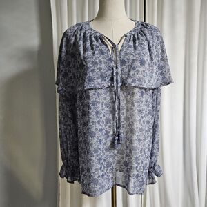 Cupio Navy Floral Peasant Blouse. Semi Sheer Fabric.